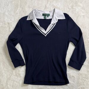 Navy Long Sleeve Polo Shirt with White Collar